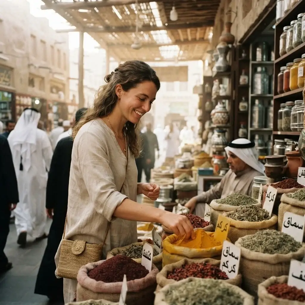 Emma Collins browsing burlap sacks of colorful spices in the historic Souq Waqif, Doha, with soft, natural light and traditional stone architecture.