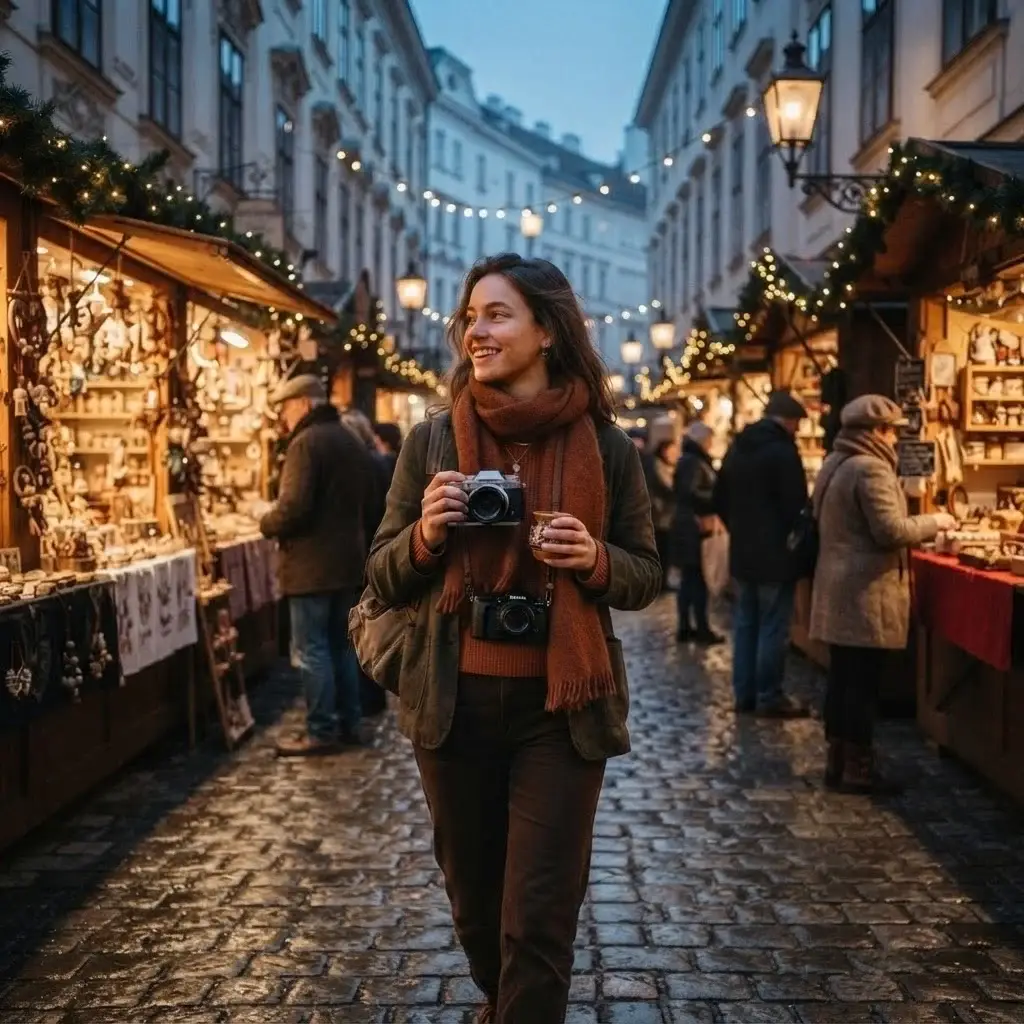 A solo traveler with a mirrorless camera walking through the narrow cobblestone Spittelberg Christmas market in Vienna, illuminated by warm festive lanterns.