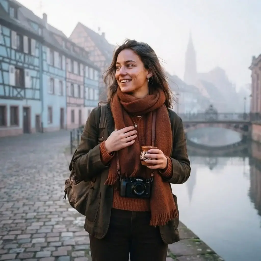 A young woman standing near a picturesque timber-framed house and canal in Strasbourg, Alsace, holding a camera during a quiet, misty winter morning.
