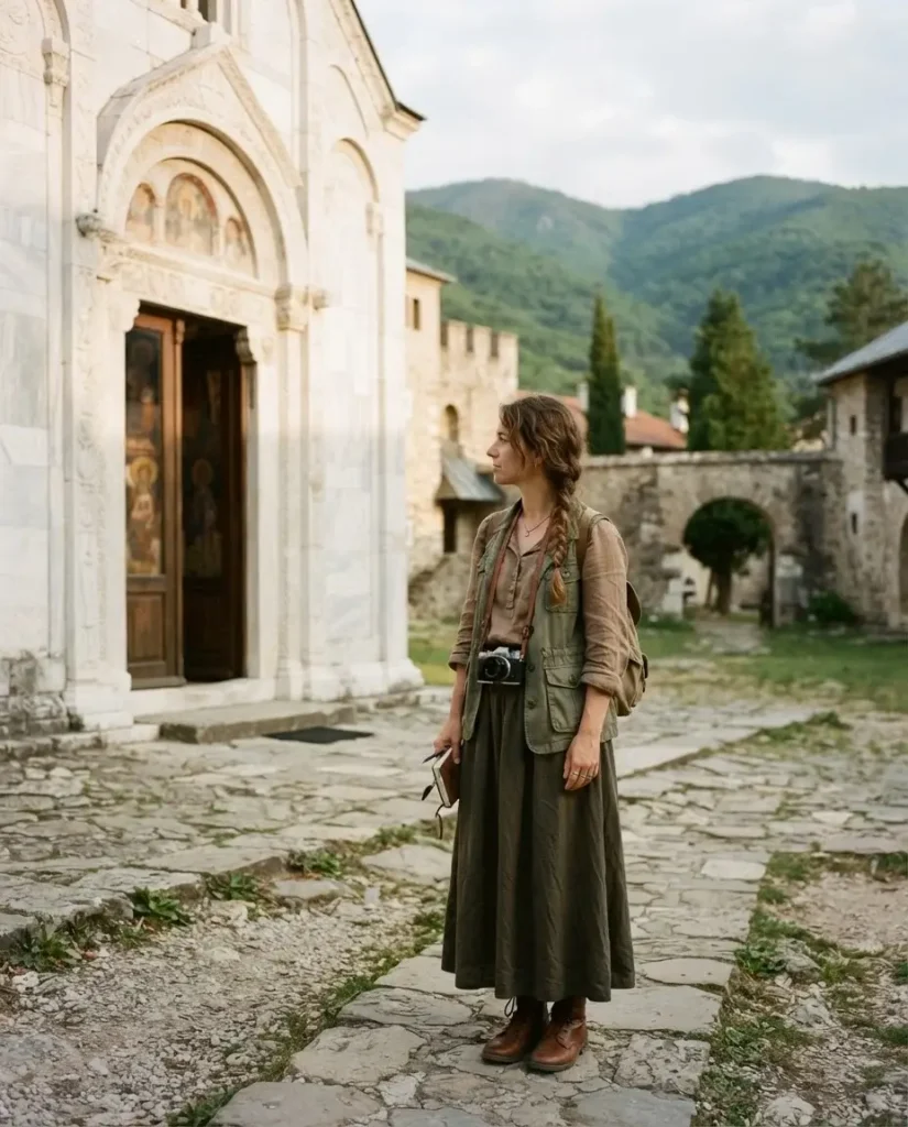 Solo traveler standing before Studenica Monastery's white marble church and Byzantine frescoes, Serbia