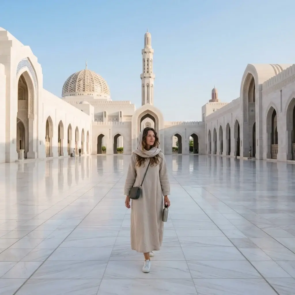Emma Collins respectfully walking through the white marble courtyard of the Sultan Qaboos Grand Mosque, Muscat, wearing modest linen travel clothes.