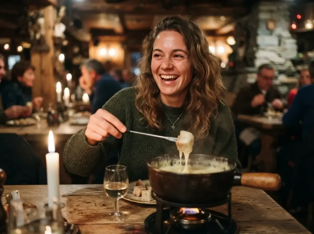 Emma Collins enjoying a warm cheese fondue dinner in a rustic Swiss chalet, capturing a candid, authentic culinary travel moment.