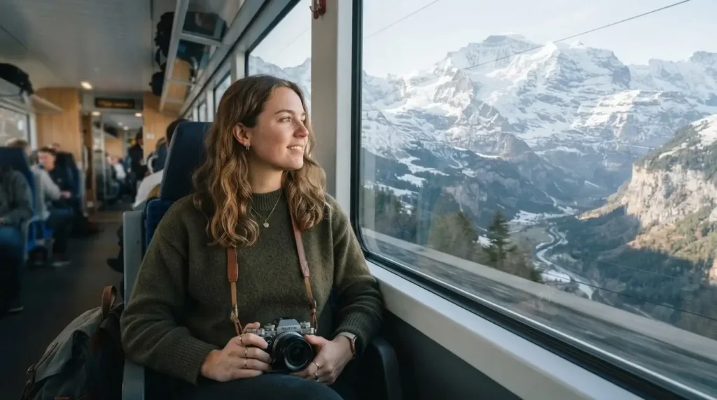 Emma Collins sitting on a Swiss train looking out the large panoramic window at snowy Alpine peaks, holding her silver camera.