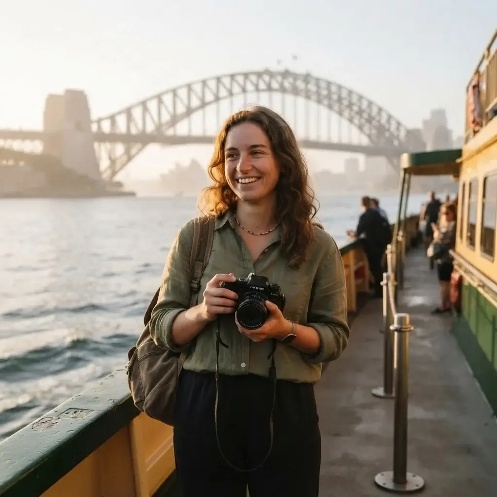 A candid shot of a young female traveler standing on the deck of a Sydney ferry, wind in her hair, with the Sydney Harbour Bridge visible in the soft-focus background.