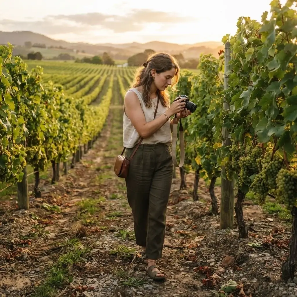 A candid photograph of a woman exploring a lush vineyard in Tasmania's Tamar Valley, holding a camera while interacting with the local rural environment.