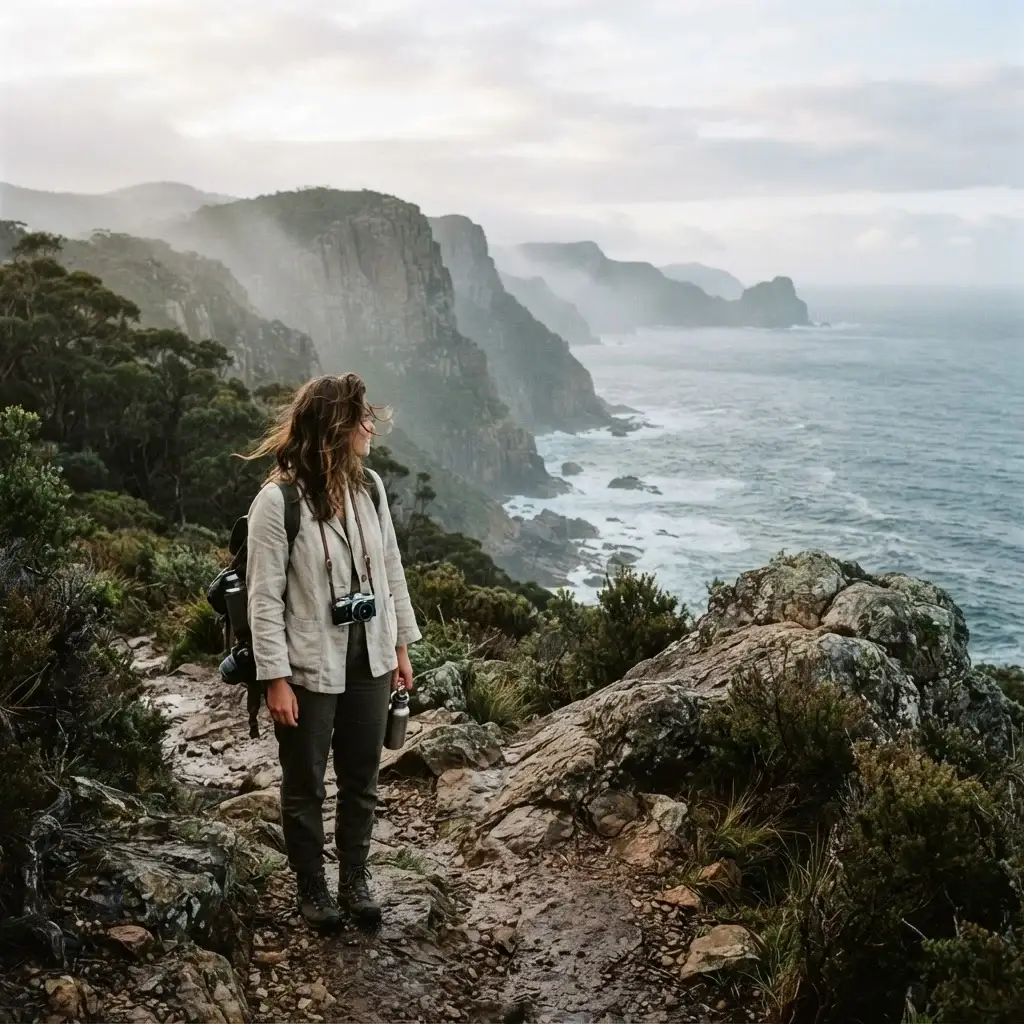 A solo female traveler hiking a quiet, coastal trail in Tasmania with wind-swept hair, capturing a landscape shot with her camera.