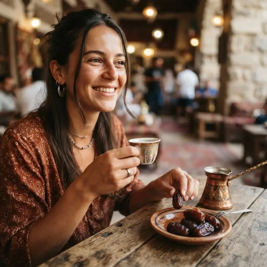 Emma Collins holding a traditional Omani kahwa coffee cup and a plate of fresh dates, highlighting local culinary traditions in Muscat.