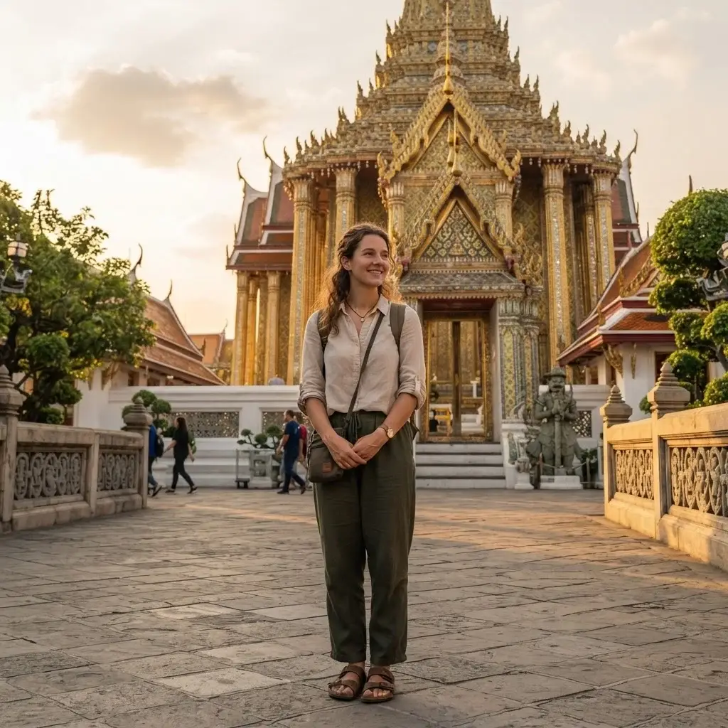 A respectful, full-length shot of a female solo traveler with brown hair dressed in a modest linen shirt and loose travel pants outside a historic Buddhist temple in Bangkok.