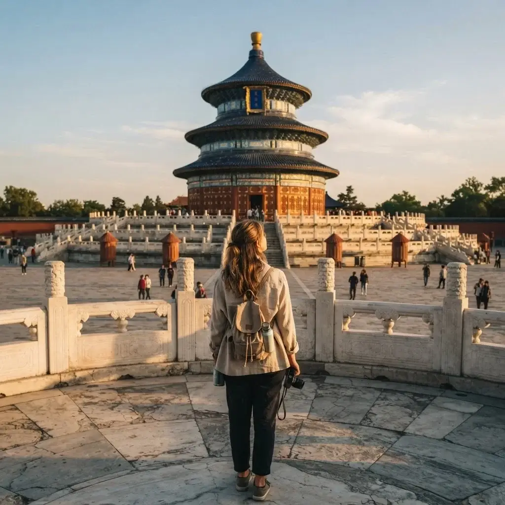 A traveler looking upward at the circular, three-tiered blue-roofed Hall of Prayer for Good Harvests inside the Temple of Heaven park in Beijing.