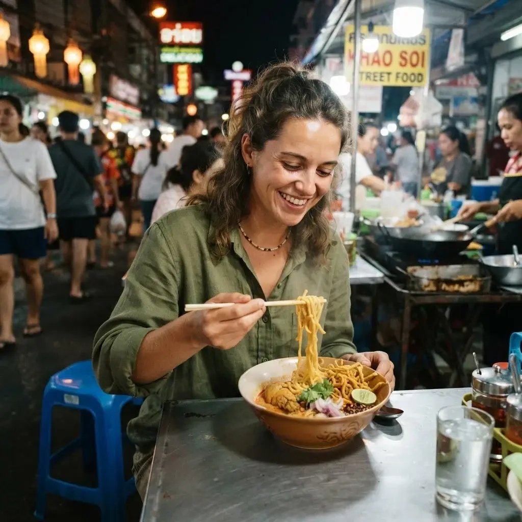 A close-up candid photo of a female traveler sitting at a vibrant Thailand night market stall, holding chopsticks over a steaming bowl of local noodle soup.