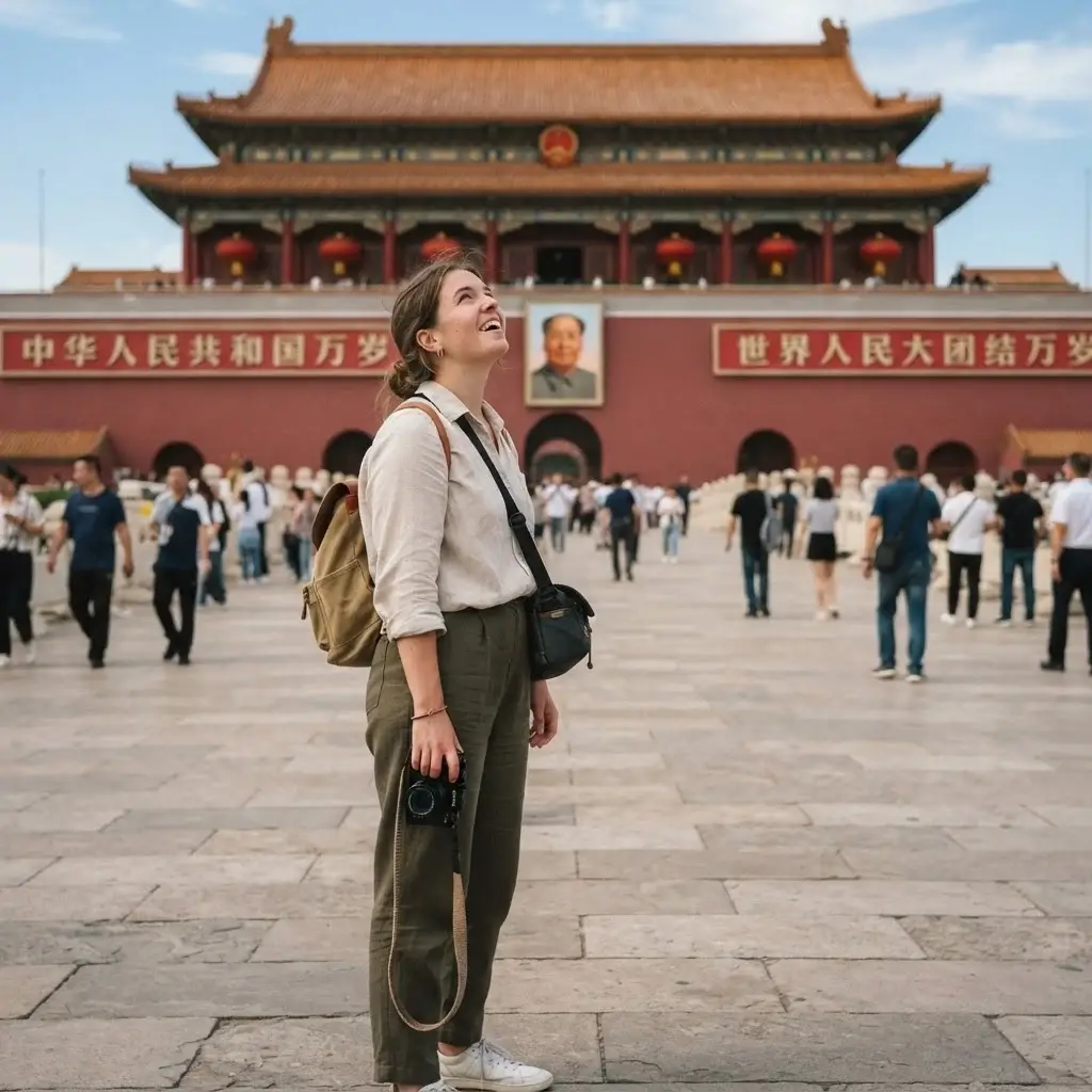 A young female traveler with brown hair, wearing linen travel gear, standing in front of the massive Tiananmen Gate entrance in Beijing, looking up at the historic architecture.