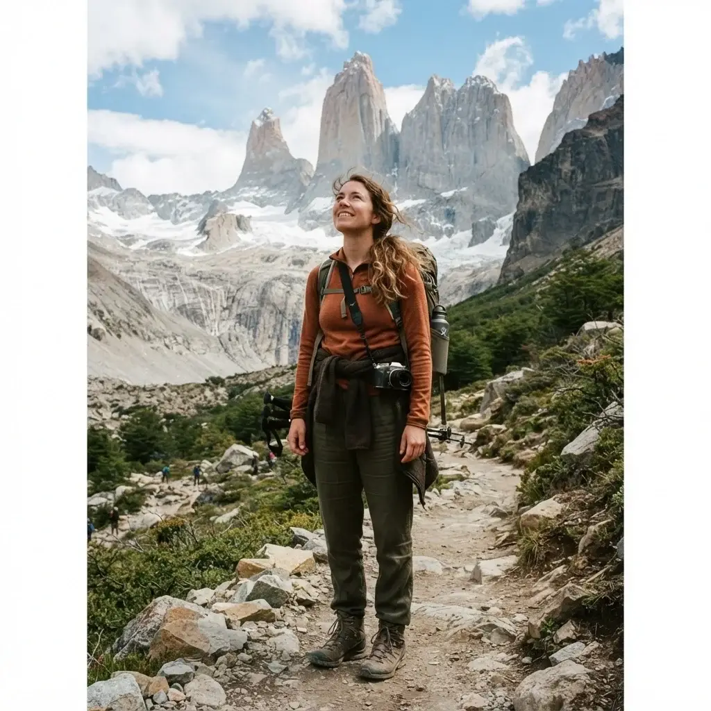 A solo traveler with a mirrorless camera looking up at the iconic granite towers of Torres del Paine National Park, Patagonia, hiking gear, earthy tones.