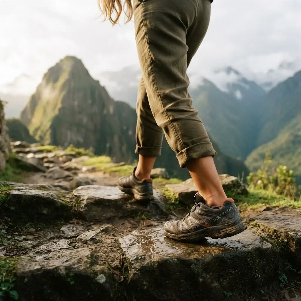 Close-up eye-level view of a female solo traveler with brown hair wearing earthy linen pants and worn trail running shoes, stepping across a rugged stone trail during a misty morning trek in Cusco, Peru.
