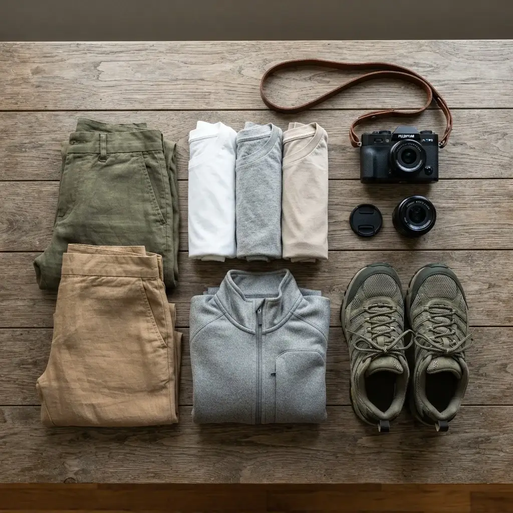 A flat lay style presentation of a travel capsule wardrobe including neutral linen pants, a beige button-down shirt, a light fleece jacket, and a classic mirrorless camera.