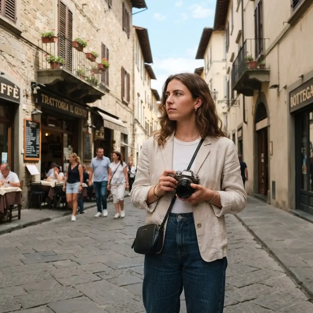 Emma Collins standing on a historic city street holding her camera, carefully observing her surroundings to choose a local-friendly restaurant.
