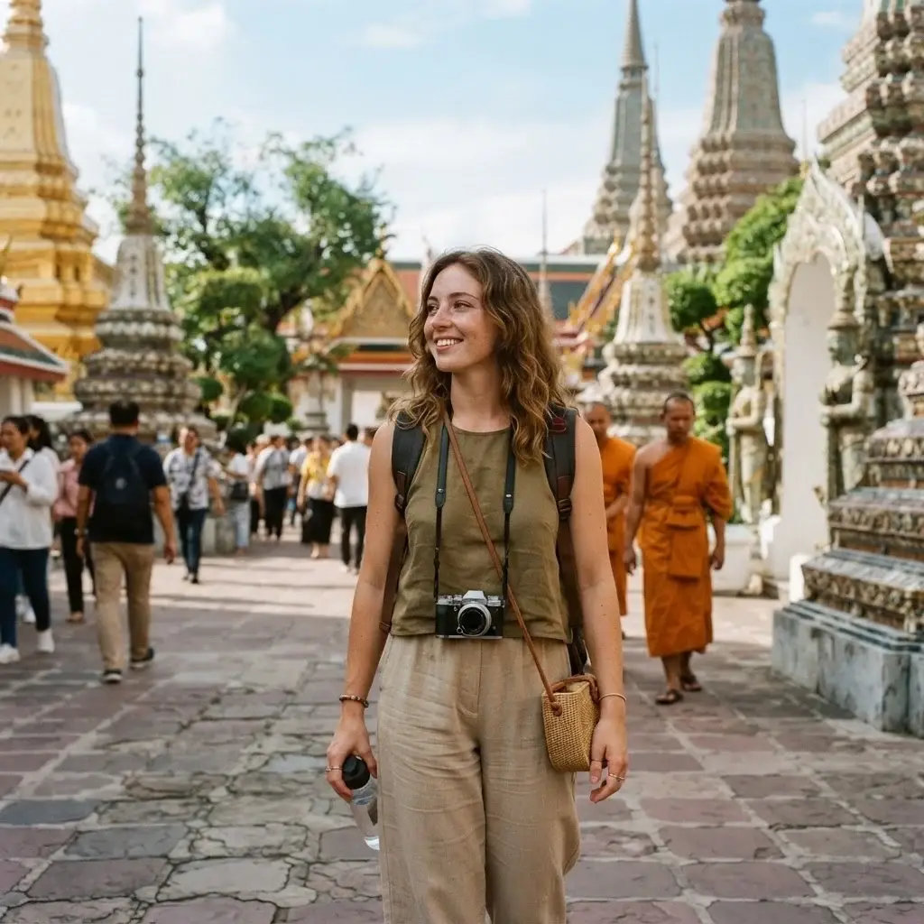 A natural mid-shot of a female traveler with brown hair wearing breezy linen apparel, holding a mirrorless camera while walking through a bright, sunlit courtyard in Bangkok, Thailand.