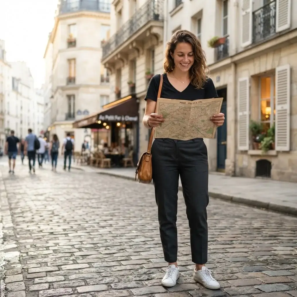 A candid eye-level shot of a young female traveler with brown hair wearing a minimalist dark merino wool t-shirt, checking a transit map on a stone street in Paris.
