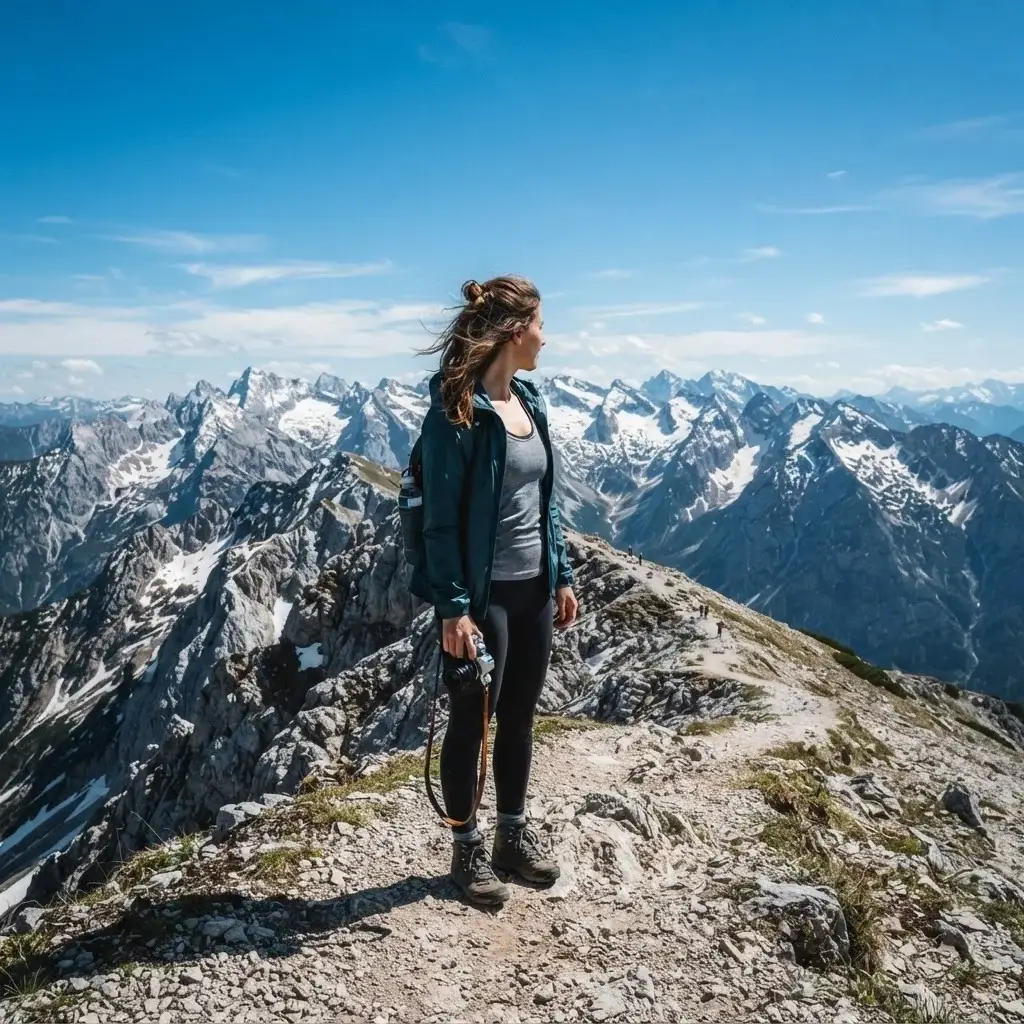 A wide, candid photograph of a young female traveler standing on a gravel path at the snow-dusted summit ridge of Untersberg Mountain near Salzburg, looking out at jagged alpine peaks.