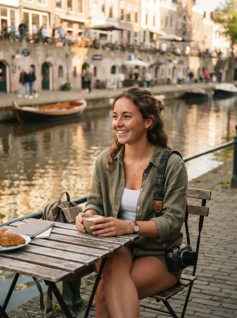 Emma Collins sitting at a rustic canal-side cafe in Utrecht, Netherlands, with historic brick cellars in the background, candid travel photography.