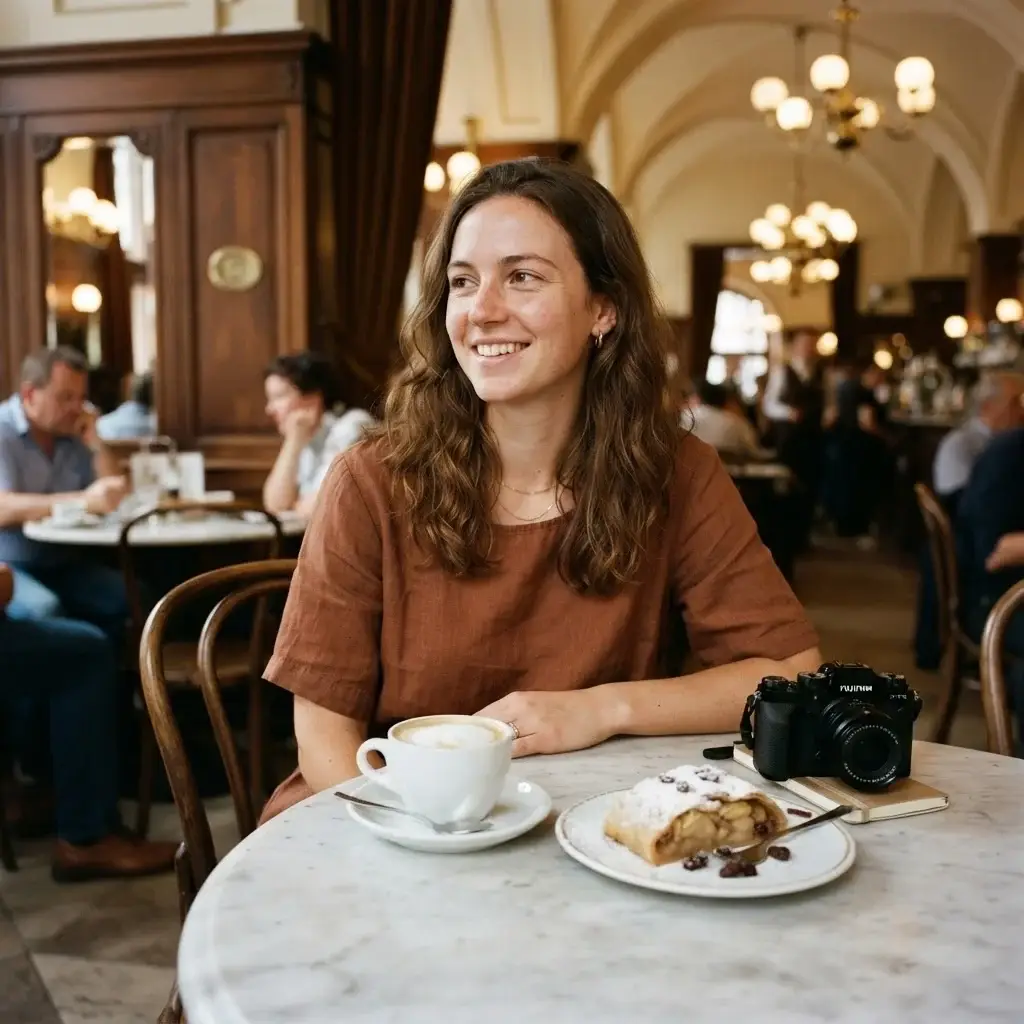 A close-up, authentic photograph of a young woman sitting at a marble table inside a traditional Vienna coffee house with a Melange coffee and apple strudel.