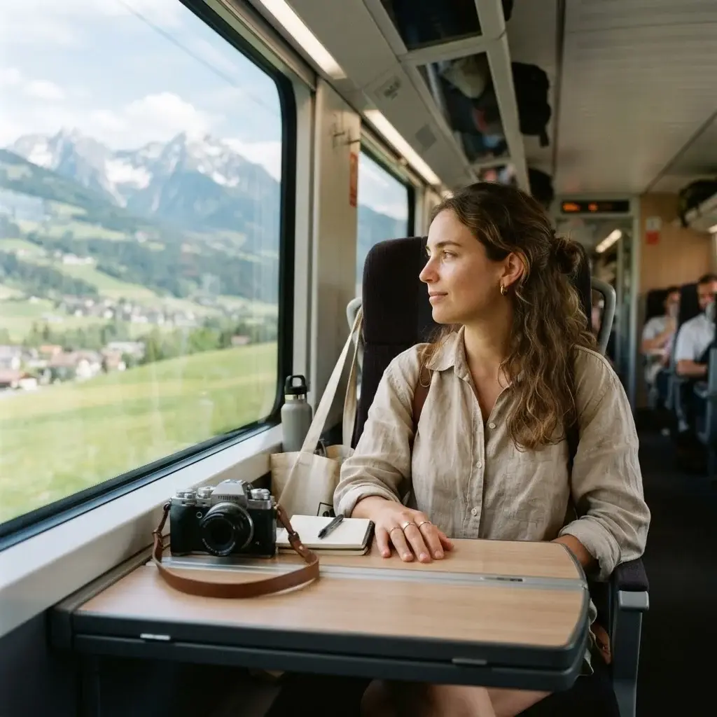 A candid eye-level photograph of a young female traveler with brown hair looking out a clean window of an Austrian train at green rolling hills and mountain peaks.