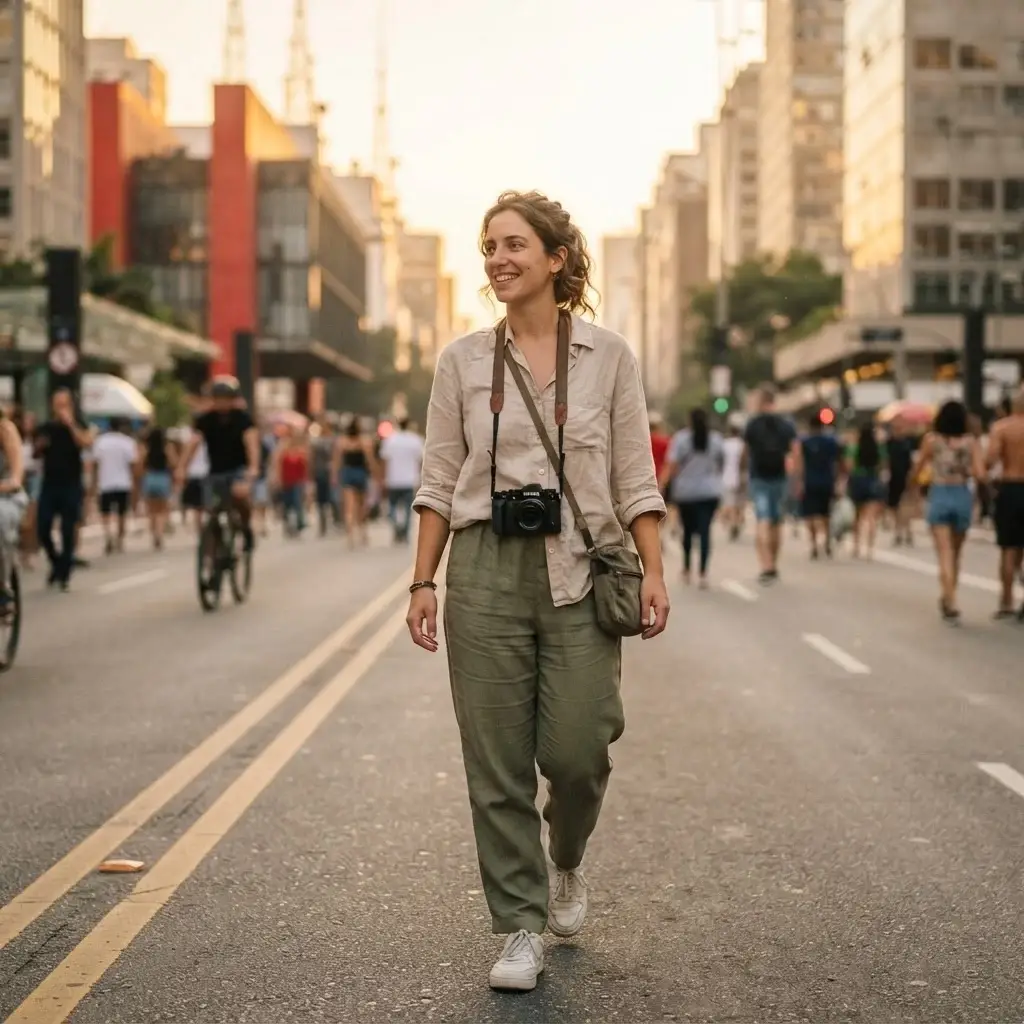 Emma Collins walking along the closed-to-traffic Avenida Paulista in São Paulo, surrounded by street performers and local urban life during the warm golden hour.