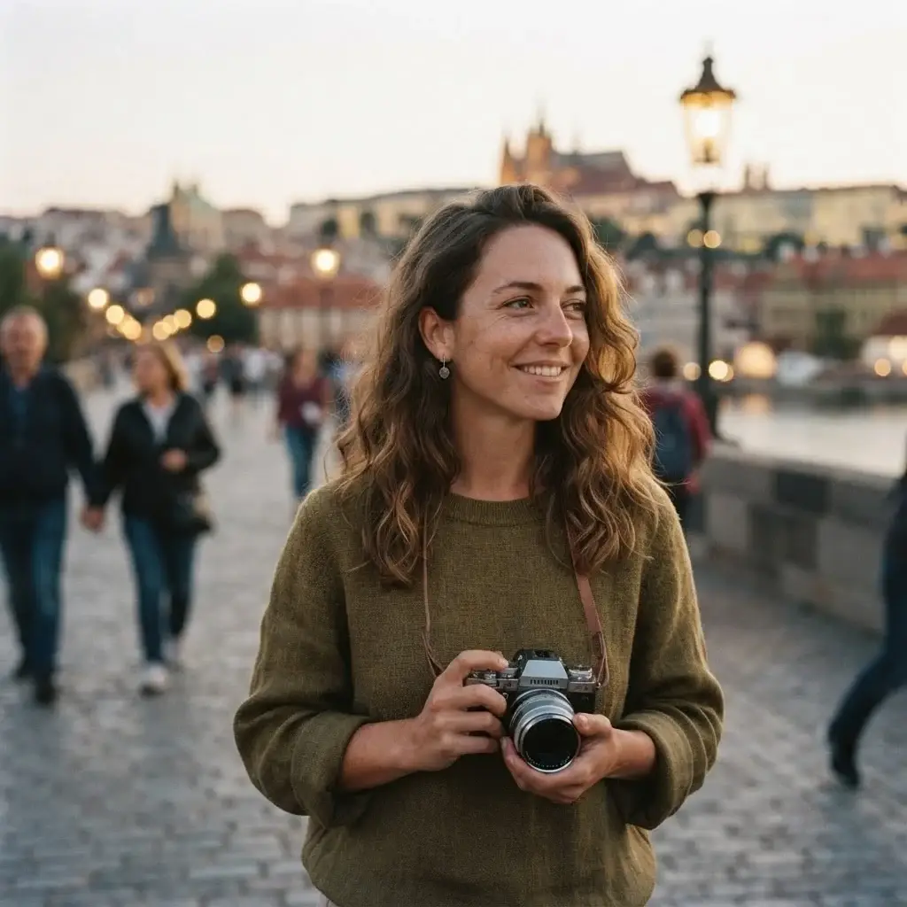 A solo traveler exploring the Charles Bridge in Prague at dusk, with soft ambient light, wearing casual linen clothing and carrying a camera.