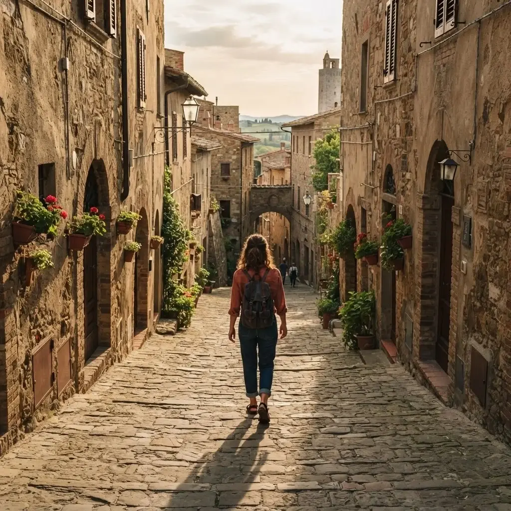 A distant, natural shot of a female solo traveler walking up a narrow, sunlit cobblestone hill street in a historic European village, carrying only a compact travel backpack, captured with natural afternoon shadows.