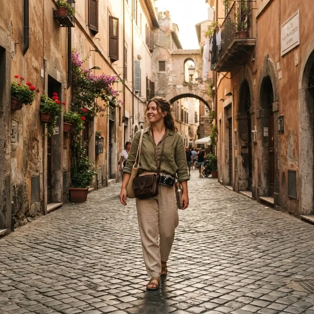 A candid eye-level shot of a female solo traveler with brown hair walking along a historic cobblestone alleyway in Rome, holding a mirrorless camera.