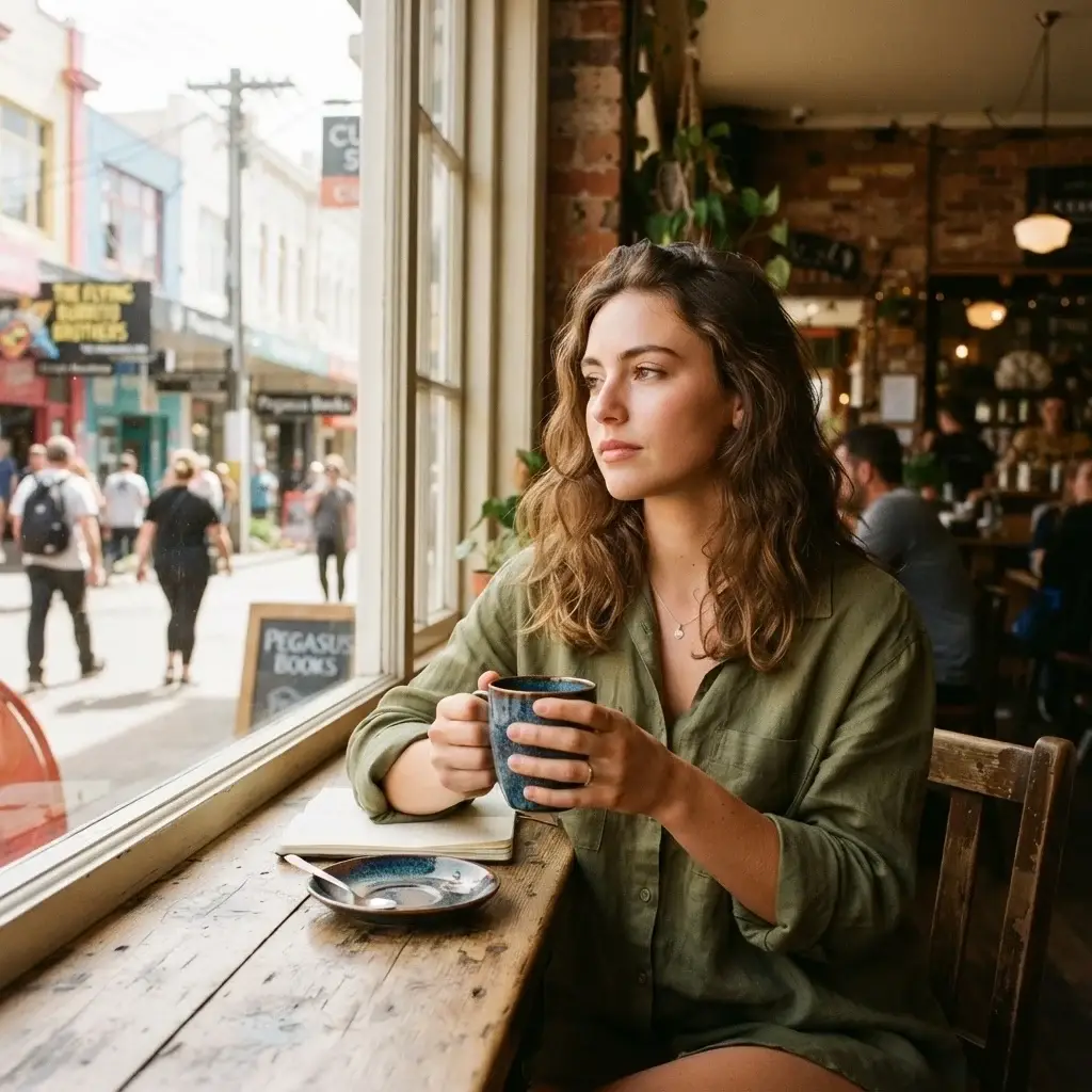 A candid shot of a young woman enjoying a flat white coffee at a local cafe on Cuba Street in Wellington, New Zealand, with a soft-focus urban background.