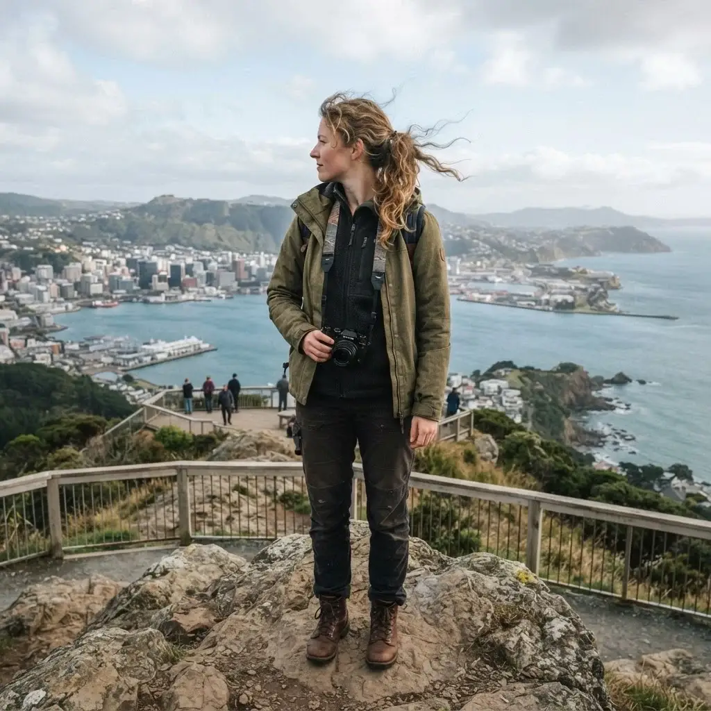 A solo traveler standing at the peak of Mount Victoria in Wellington, looking out over the harbor with lush green hills and city architecture in the distance.