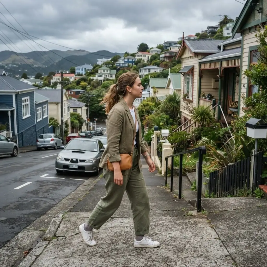 A traveler with a camera walking down a charming, hilly street in the Kelburn neighborhood of Wellington, surrounded by residential gardens and local architecture.
