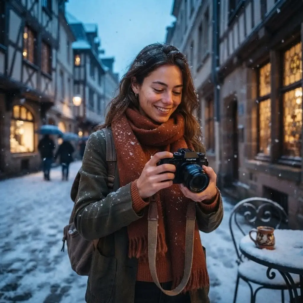 A traveler wearing layered linen and wool winter clothing, standing in a snowy street checking her camera settings, emphasizing practical gear.