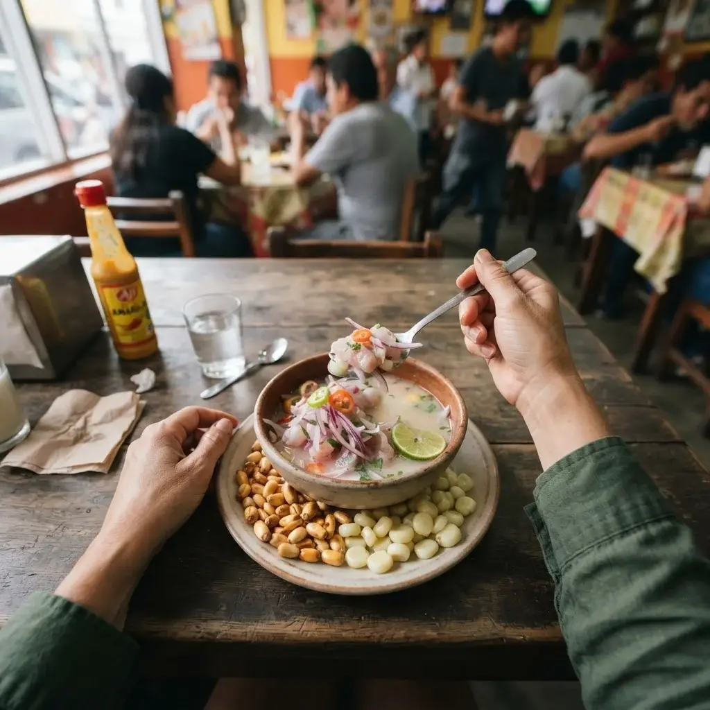 Close-up of a fresh bowl of Peruvian ceviche at a local, authentic eatery in Lima, Peru.