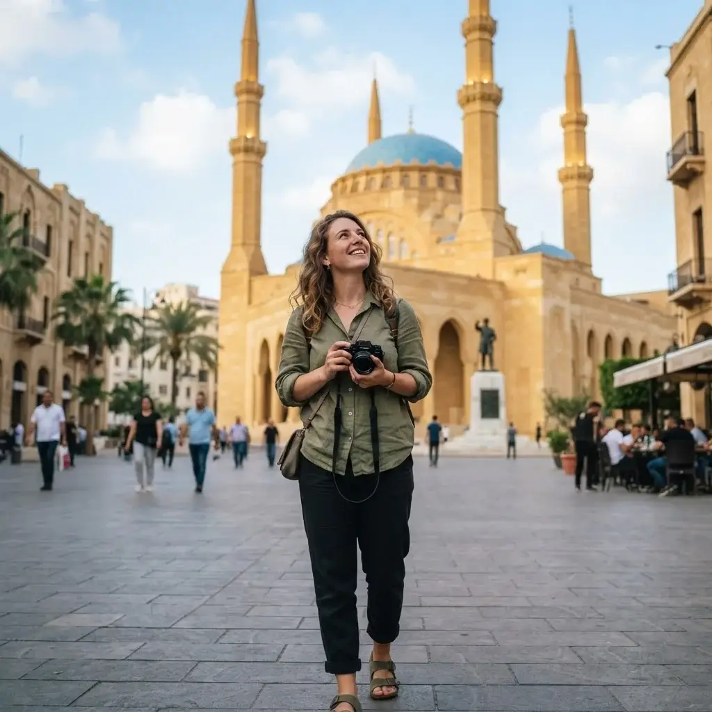 A candid, eye-level portrait of a female traveler wearing natural linen travel clothes, looking up at the blue domes of the Mohammad Al-Amin Mosque in downtown Beirut.