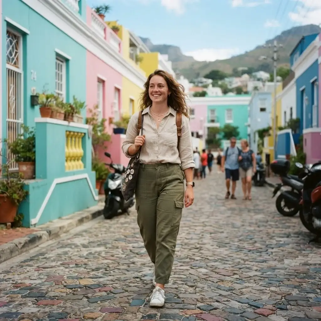 A solo traveler with brown hair wearing casual linen clothes walking through the colorful, historic streets of Bo-Kaap in Cape Town, South Africa.