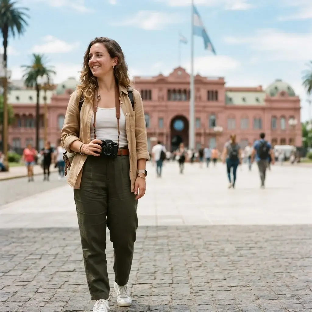Emma Collins standing in front of the historic pink Casa Rosada building in Plaza de Mayo, Buenos Aires, capturing photos with a mirrorless camera.