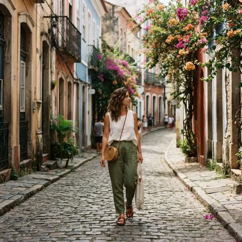 A solo traveler wearing linen clothes walking down a historic, narrow cobblestone street in the Santa Teresa neighborhood of Rio de Janeiro.