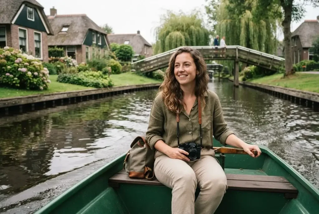 Solo traveler steering a small electric whisper boat through the narrow canals of car-free Giethoorn village, Netherlands