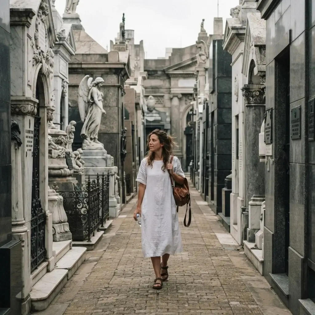 Emma Collins exploring the intricate white marble architecture and statues of Recoleta Cemetery in Buenos Aires during a quiet afternoon.