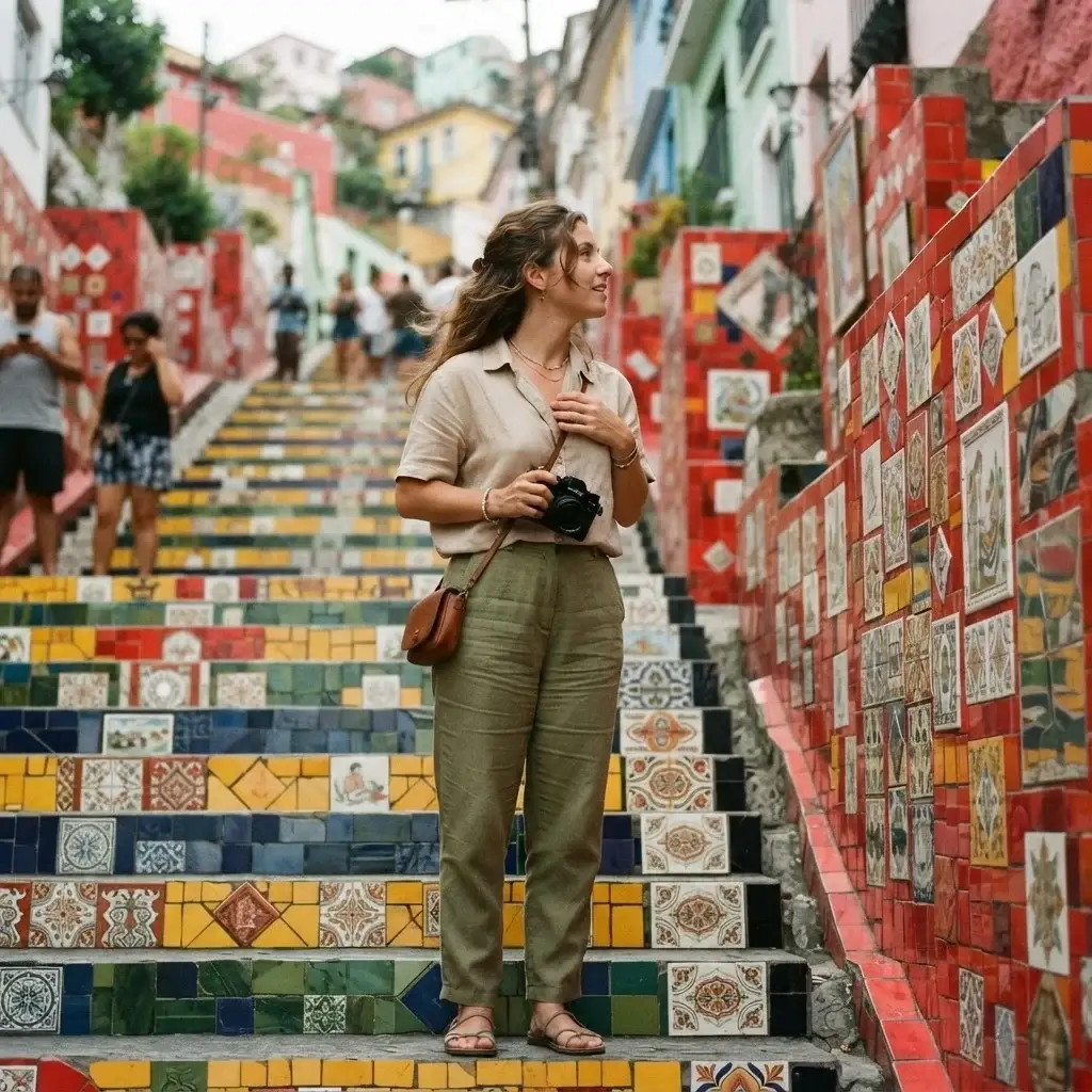 A solo traveler standing on the colorful, tiled Selarón Steps in Rio de Janeiro, holding a camera and looking at the intricate tile patterns.