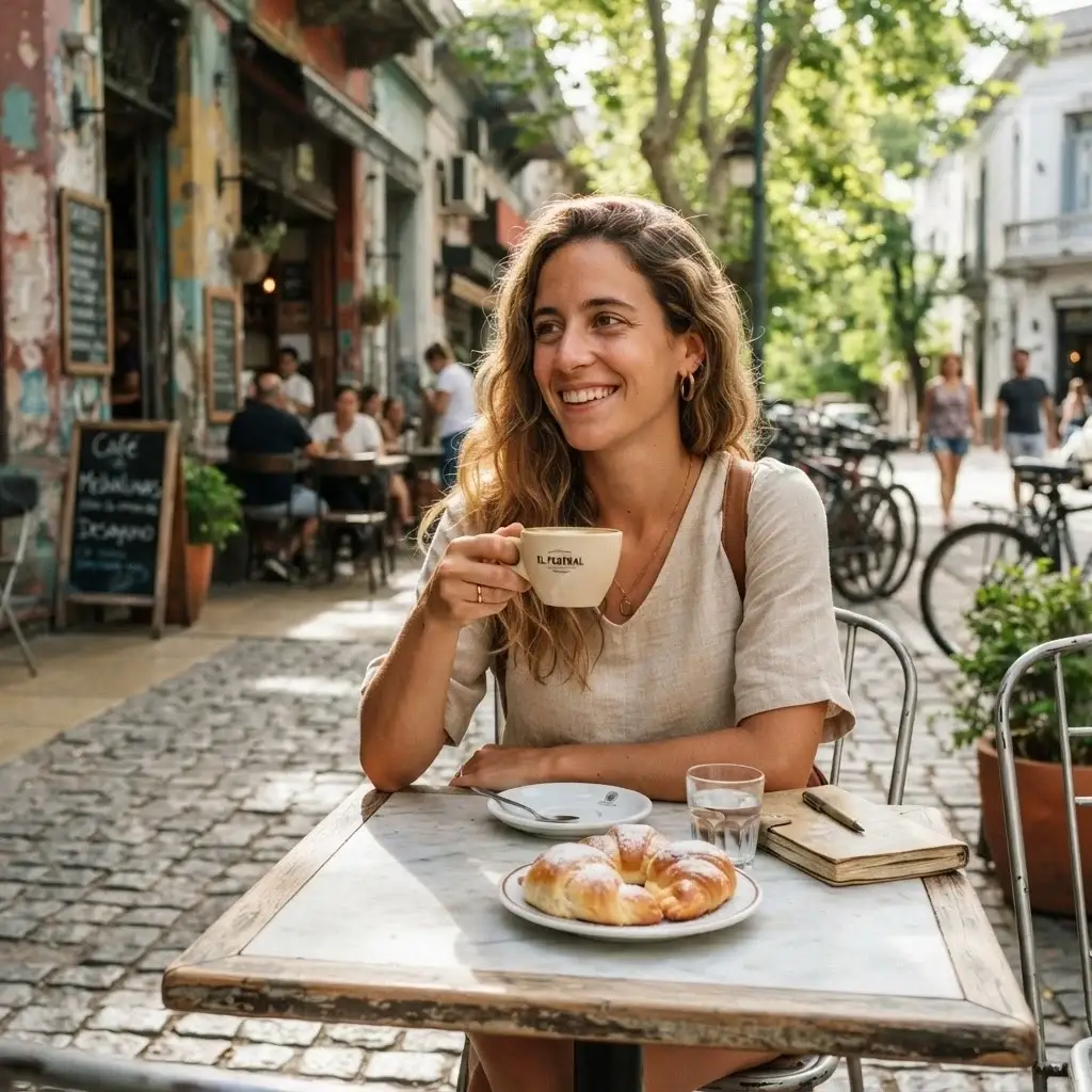 Emma Collins enjoying a relaxed morning with coffee and medialunas at a charming street-side cafe in the Palermo Soho district of Buenos Aires.