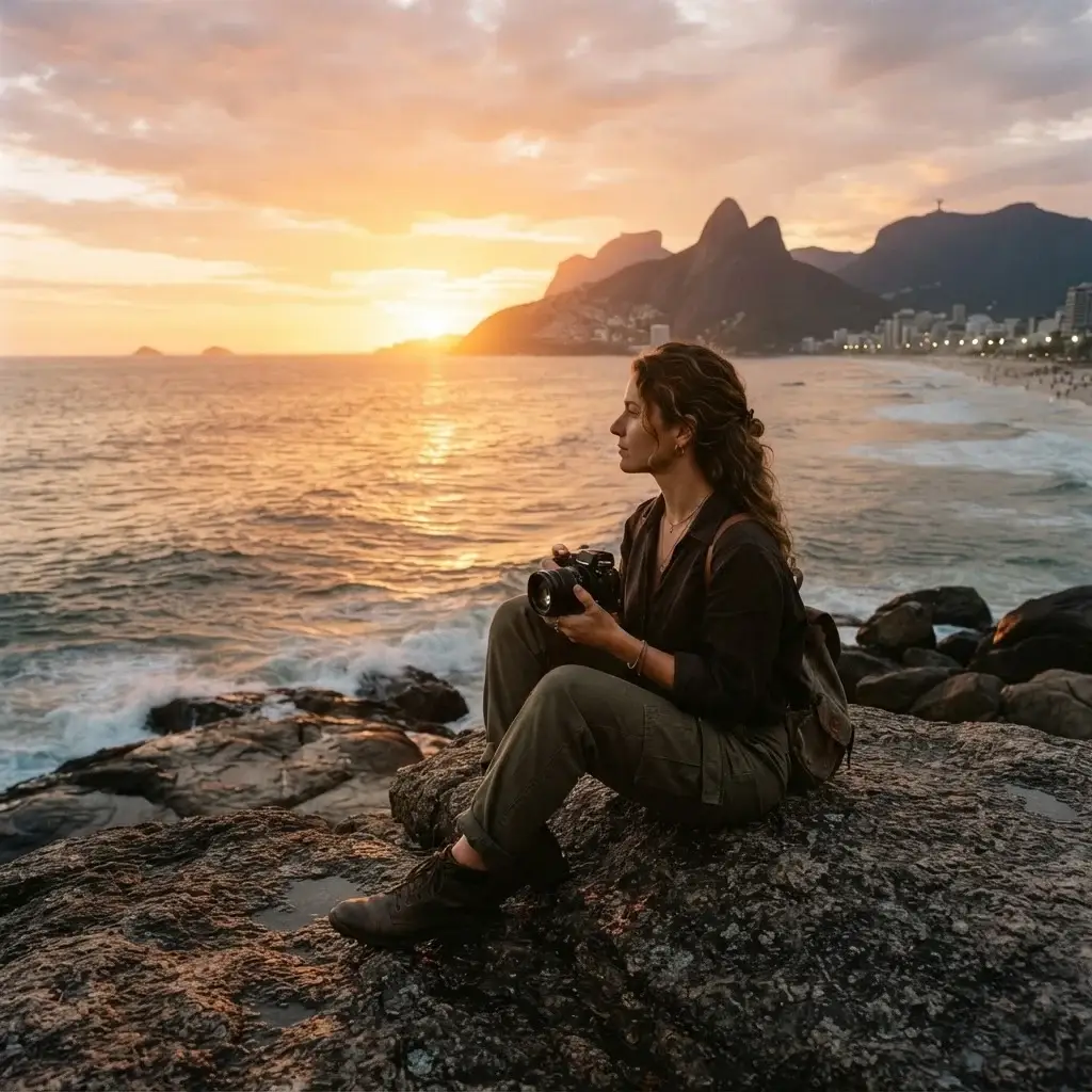 A woman sitting on the rocks at Arpoador beach in Rio de Janeiro, watching the golden sunset over the ocean, with a camera resting on her lap.