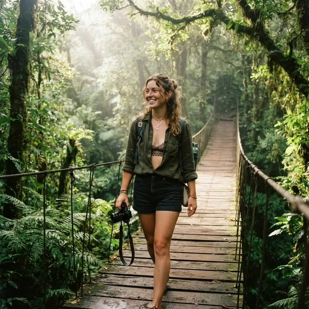 A traveler with a mirrorless camera walking along the elevated Boomslang tree canopy walkway in Kirstenbosch Botanical Gardens, Cape Town.