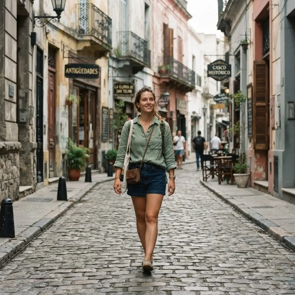 Solo traveler Emma Collins walking through the historic, narrow cobblestone streets of the San Telmo neighborhood in Buenos Aires.