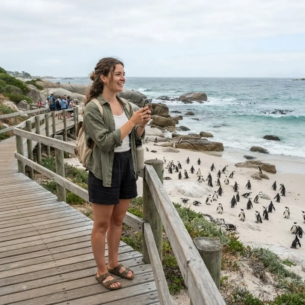 A young female solo traveler in earthy-toned travel clothes standing on a wooden boardwalk at Boulders Beach in Cape Town, observing wild African penguins.