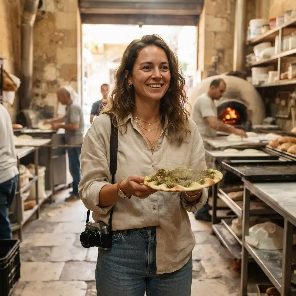 A candid shot of a young woman with a mirrorless camera enjoying a freshly baked manousheh flatbread at a traditional neighborhood bakery in Hamra, Beirut.