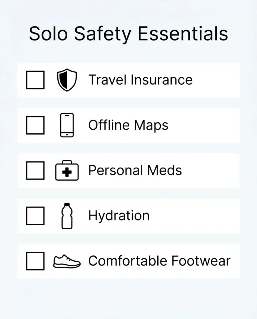 A clean, minimalist checklist infographic highlighting the five essential safety items for solo travelers, including travel insurance and offline maps.