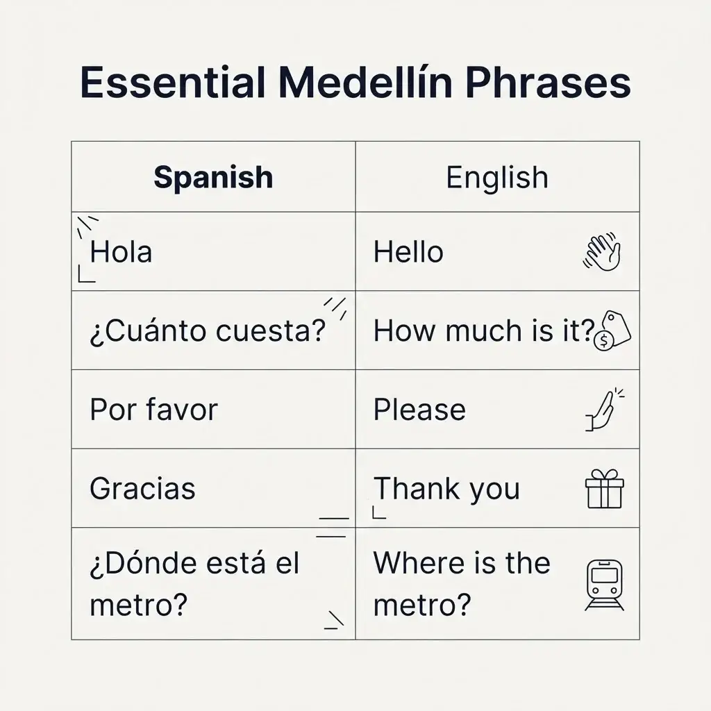A clean, flat-design table showing five essential Spanish phrases with their English equivalents and a phonetic guide for pronunciation in Colombia.