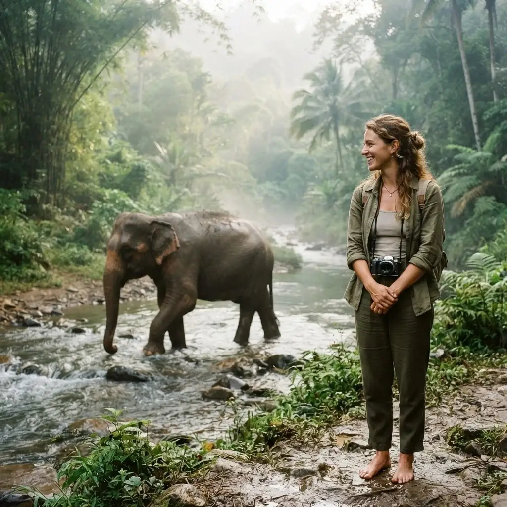A female solo traveler observing a large Asian elephant roaming freely through a lush green jungle river valley at a non-riding sanctuary in Chiang Mai.